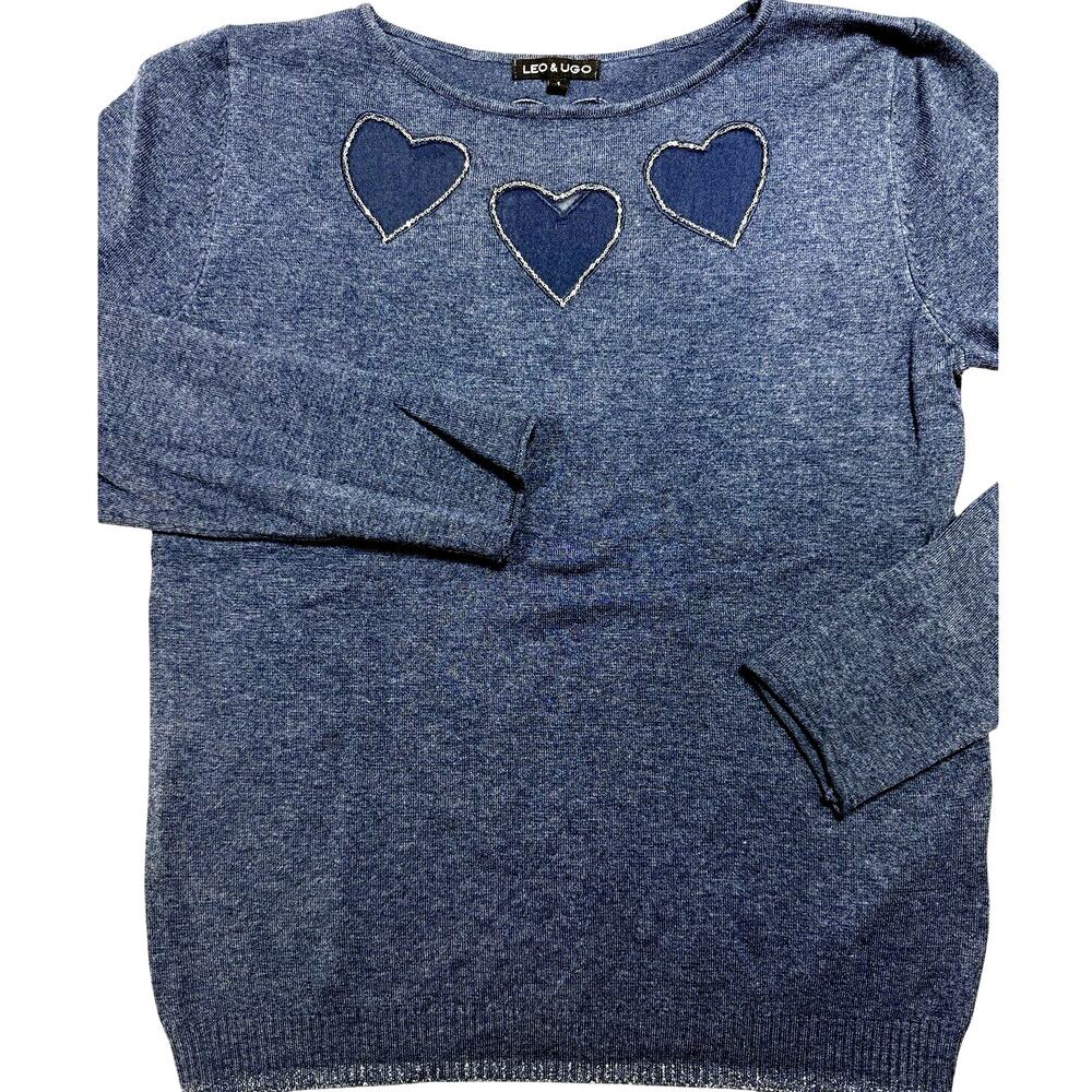 Leo Ugo Paris Heart Cutout Knit Sweater Blue Metallic Trim Coquette Sz Sm